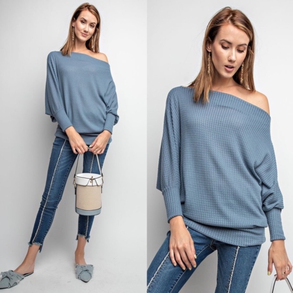 Bellanblue Tops - HELEN Off Shoulder Thermal Tunic Top - SLATE BLUE